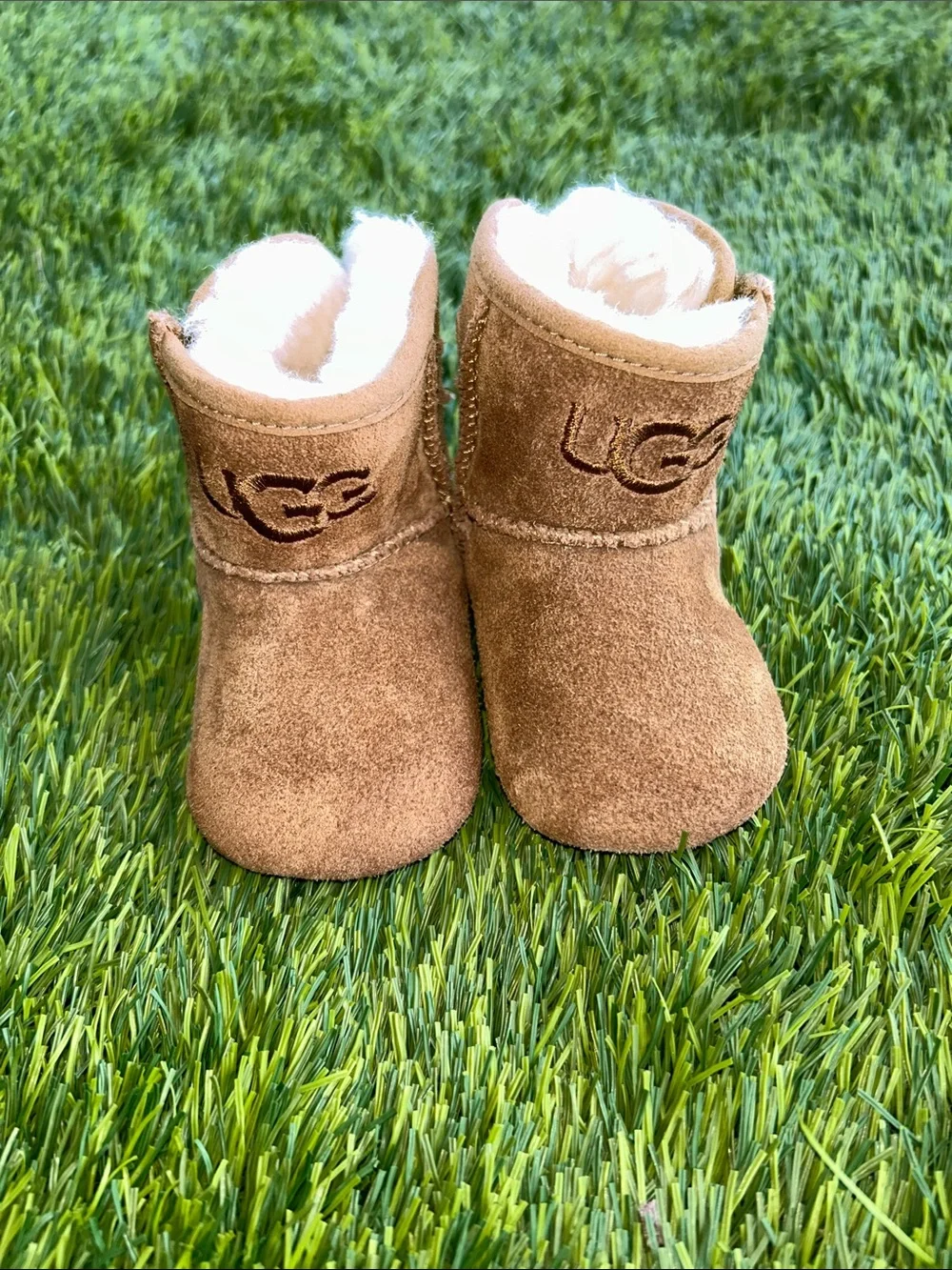 UGG Baby Suede Booties in Chestnut with Shearling Trim